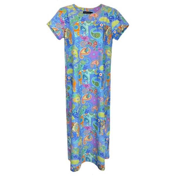 Mackinac Island Midi Length Tee Shirt Dress in Paisley Pachyderms Periwinkle