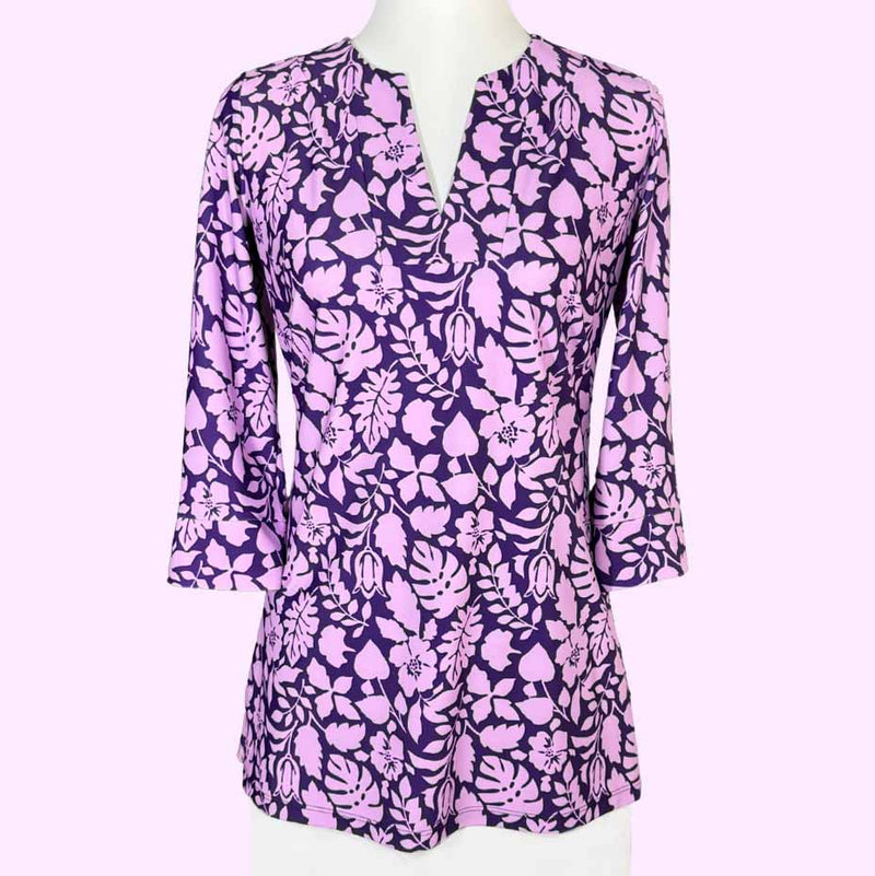 Boca Tunic Top in Tossed Leaves Aubergine and Lavender (Sample)