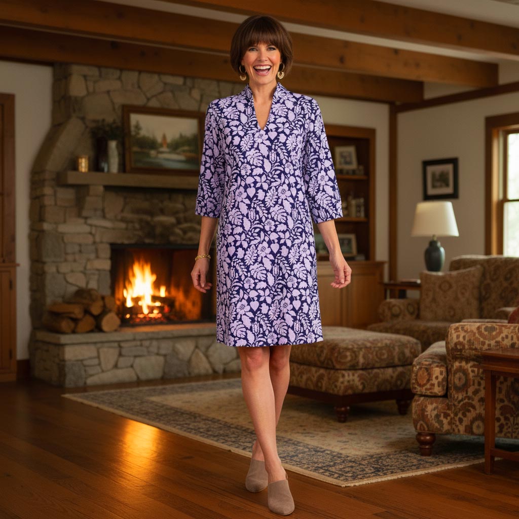 Coco Dress in Tossed Leaves Lavender and Aubergine