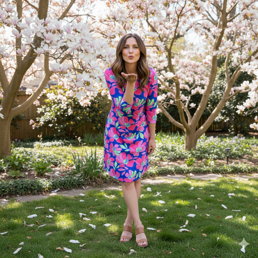 Brisbane V-Neck Dress in Sugar Magnolia Cobalt