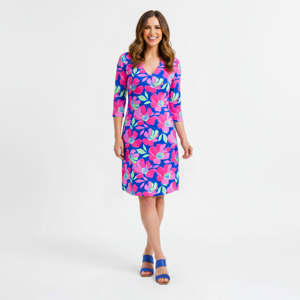 Brisbane V-Neck Dress in Sugar Magnolia Cobalt