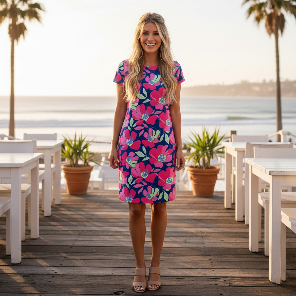 Hyannis S/S Tee Shirt Dress in Sugar Magnolia Cobalt (Sample)