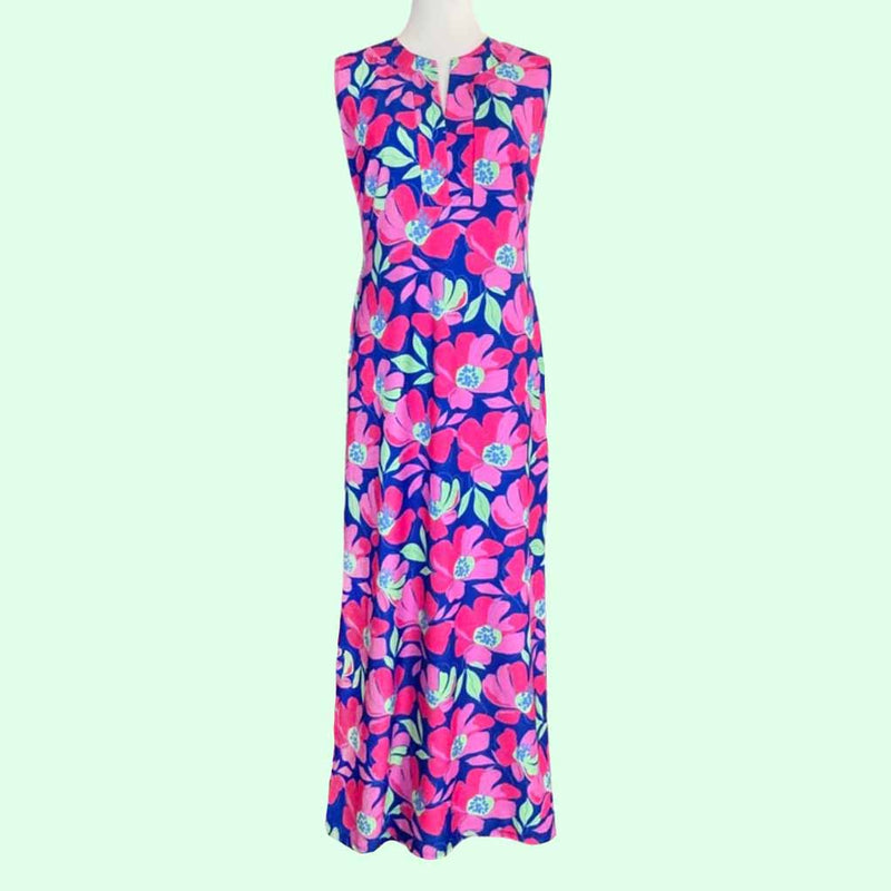 Worth Avenue Maxi Tunic Dress in Sugar Magnolia Cobalt