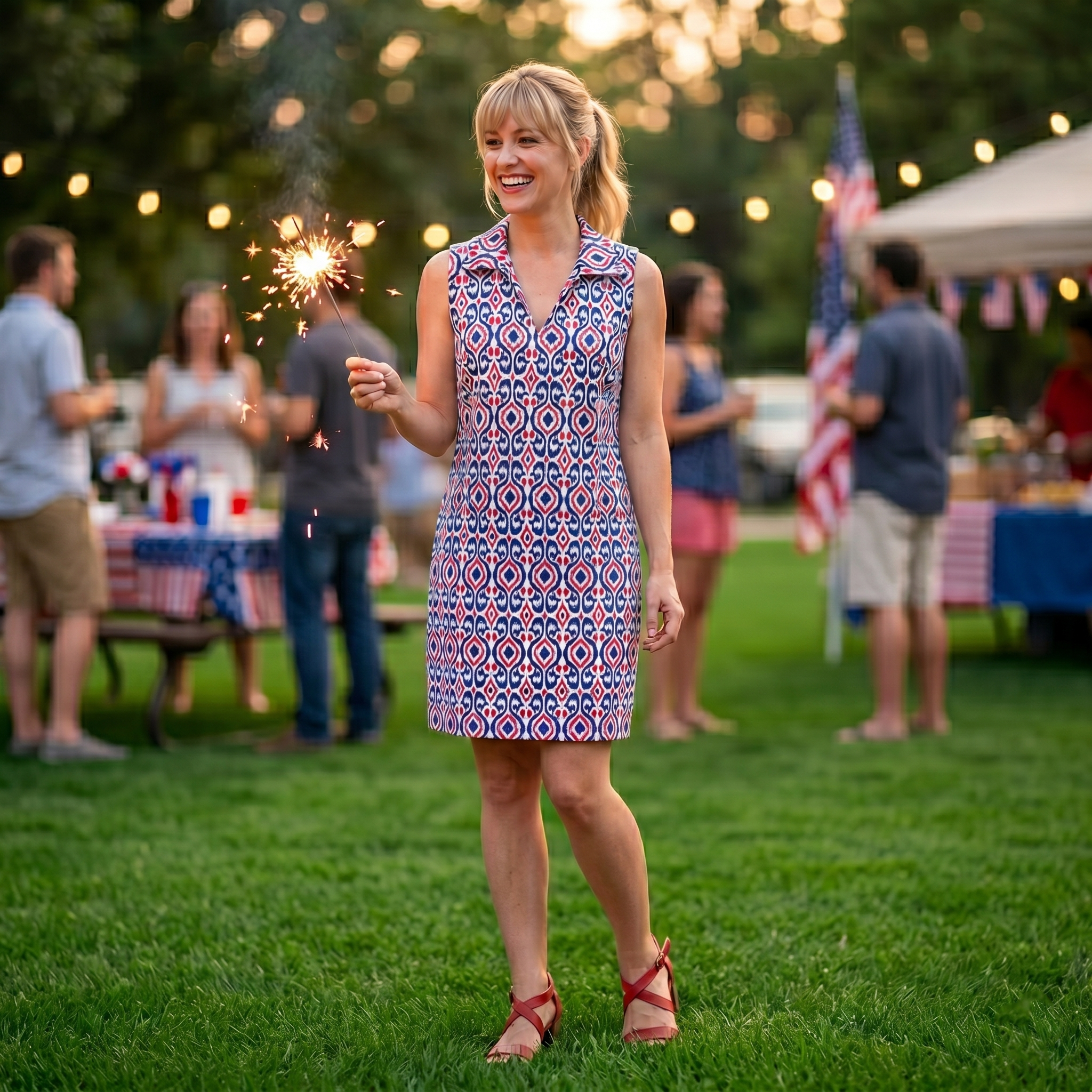 St. Regis Dress in Ikat Island Red White Navy