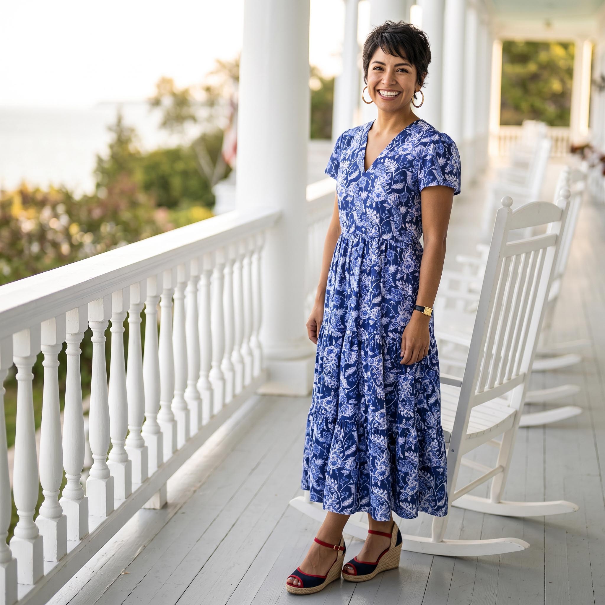 Jekyll Island Tiered Midi Dress in Aneesha's Vines Navy and White