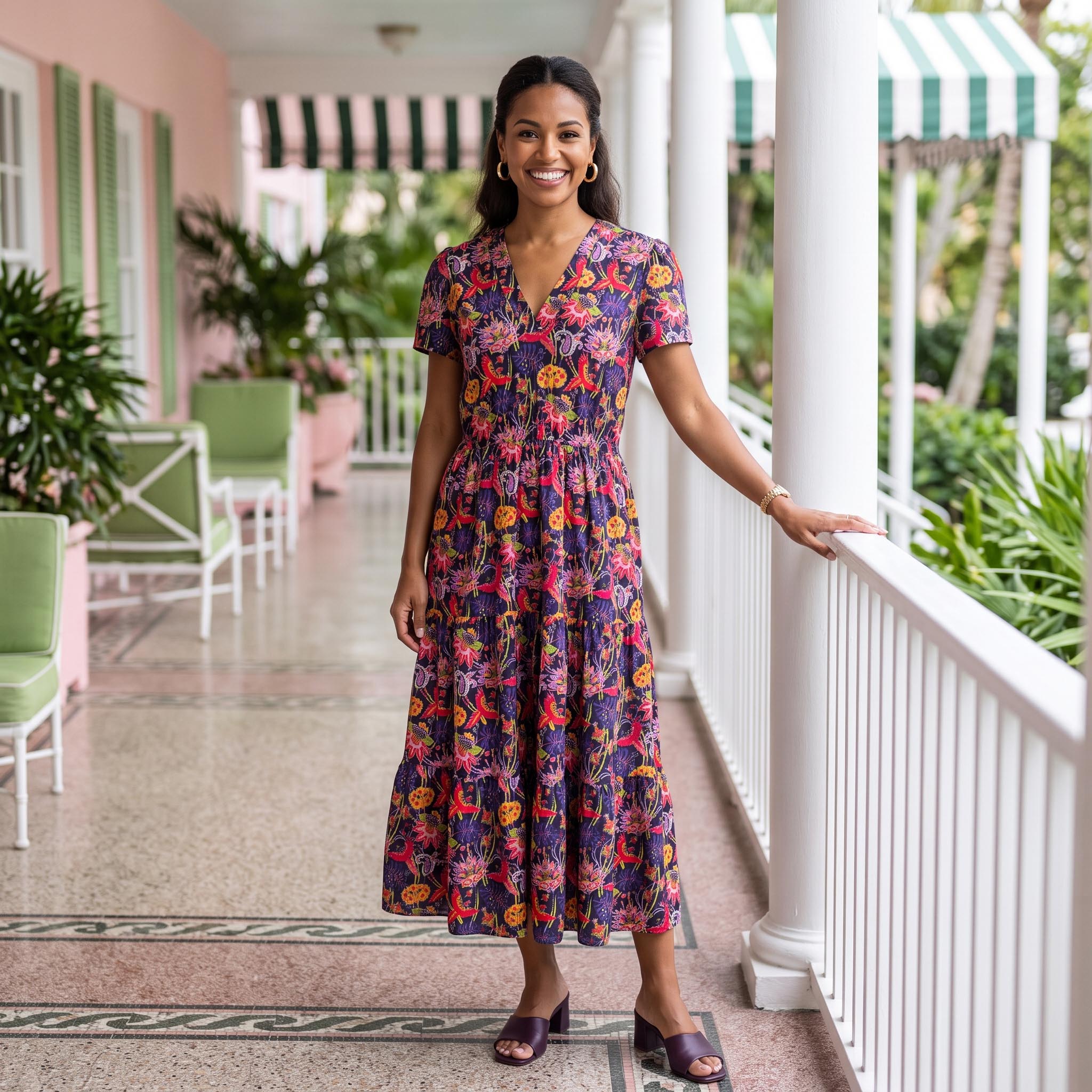 Jekyll Island Tiered Midi Dress in Flight of Fancy Multi on Deep Purple