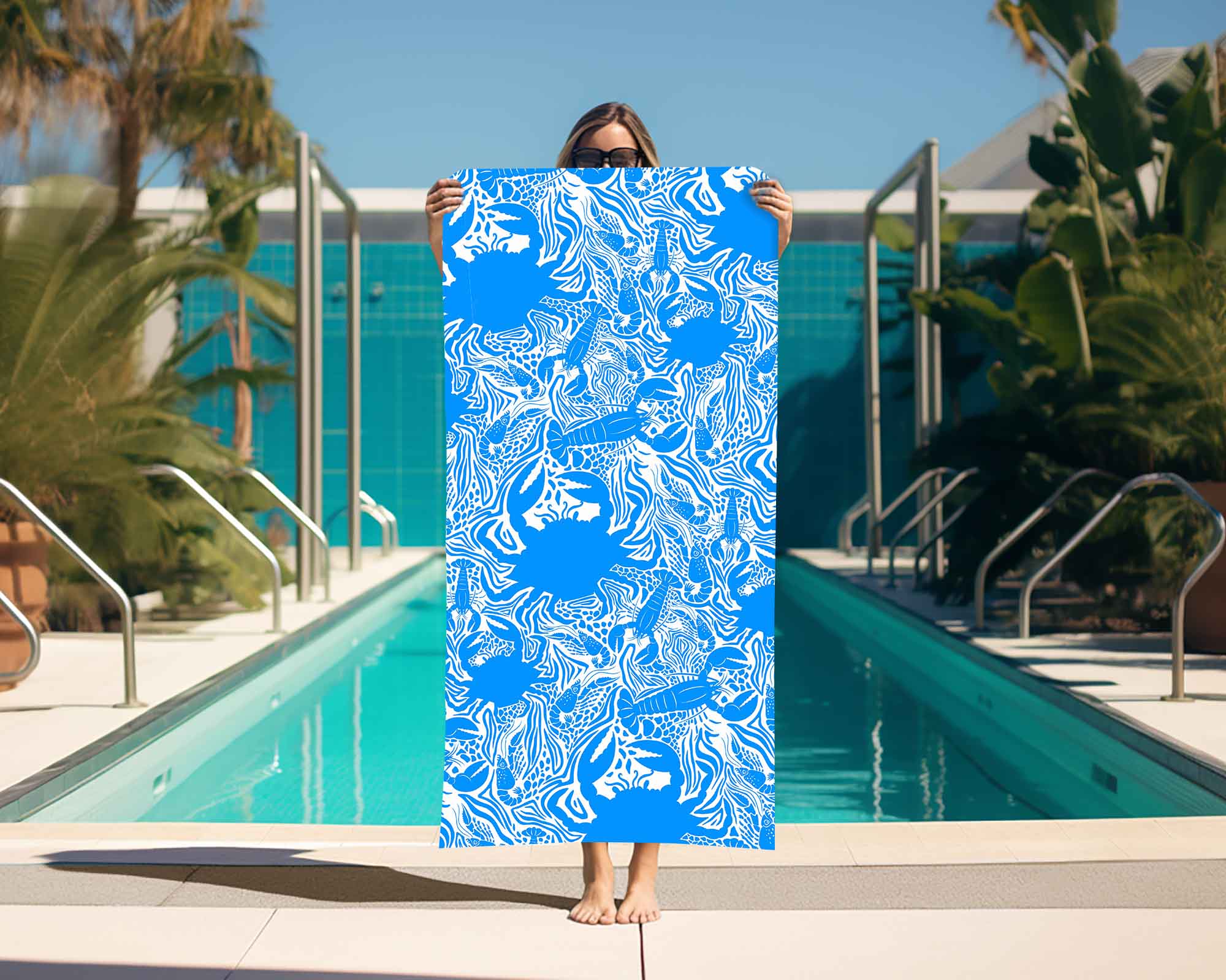 Beach Towel in Crustaceans Blue and White