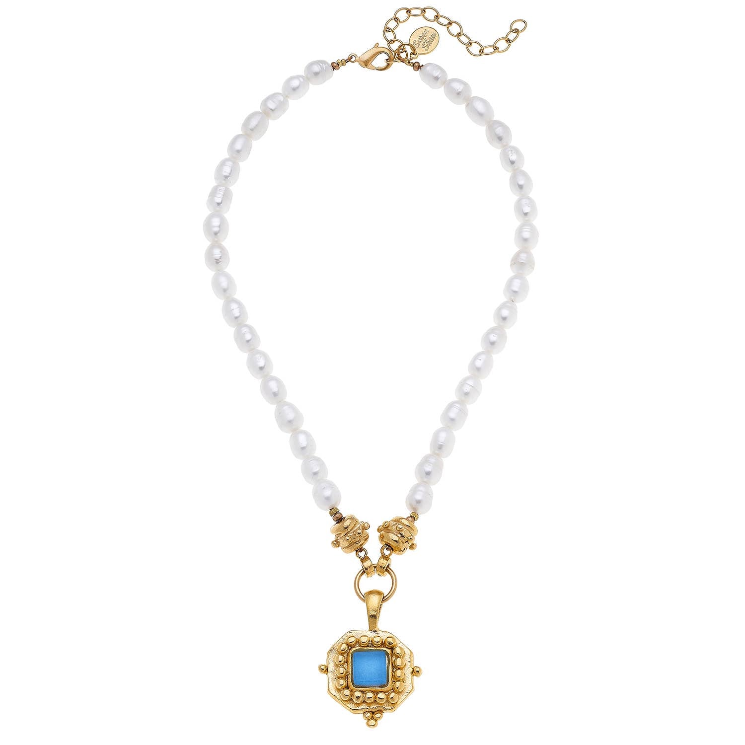 Square Aqua French Glass Pearl Necklace