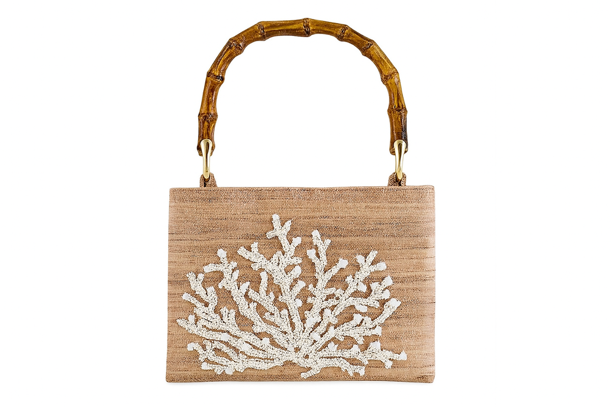 White Coral Beaded Handbag with Bamboo Handles