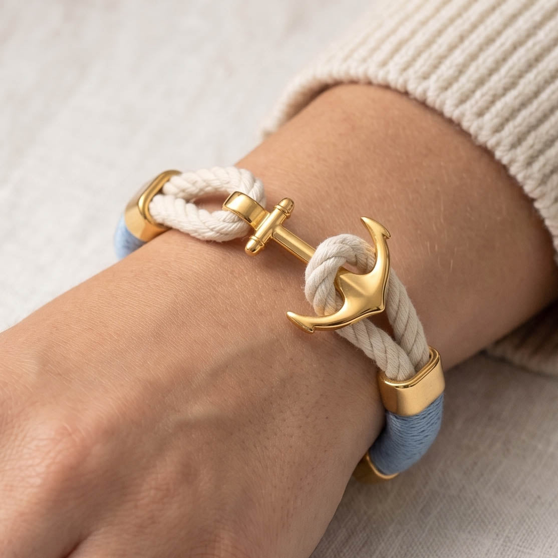 Waverly - Ivory/Light Blue/Gold - Nautical Anchor Bracelet