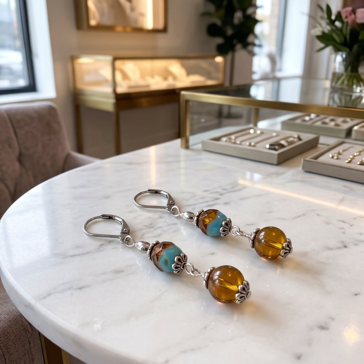 Amber Two Stone Leverback Earrings