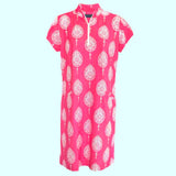 Annapolis Cap Sleeve Polo Dress in Taj Mahal Block Print Pink and White