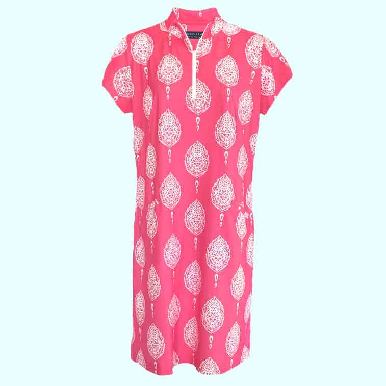 Annapolis Cap Sleeve Polo Dress in Taj Mahal Block Print Pink and White