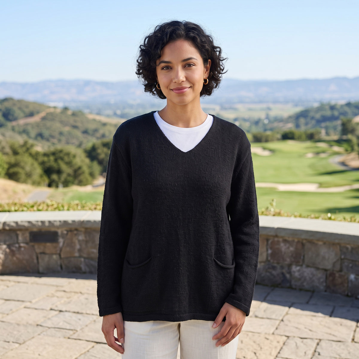 Avalin 100% Cotton V-Neck Sweater with Pockets in Black