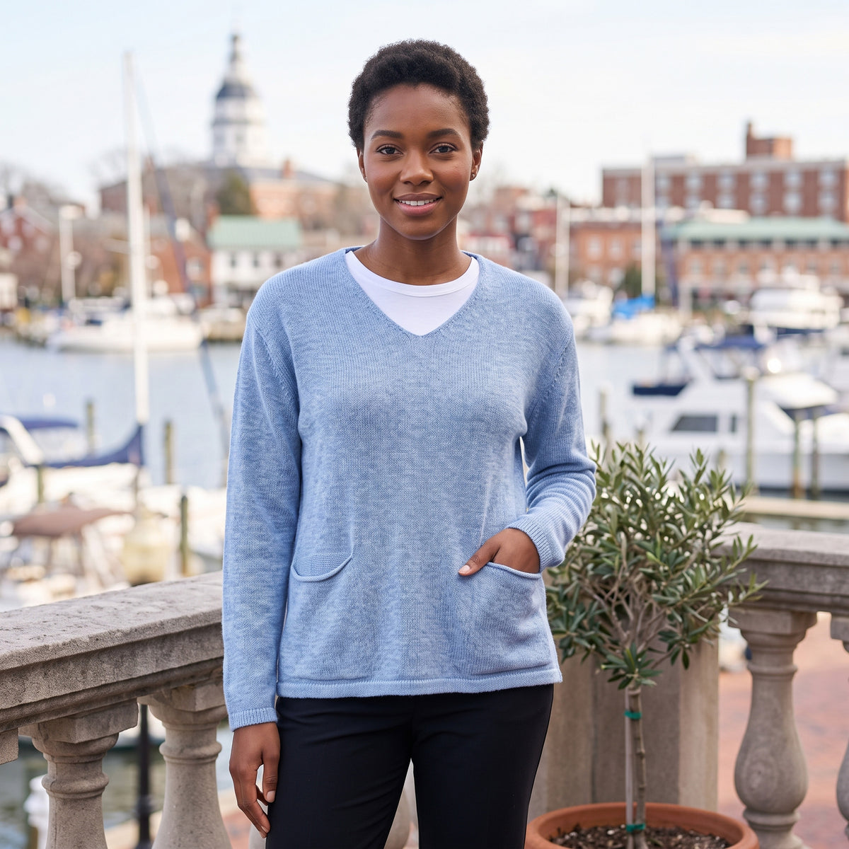 Avalin 100% Cotton V-Neck Sweater with Pockets in Sky