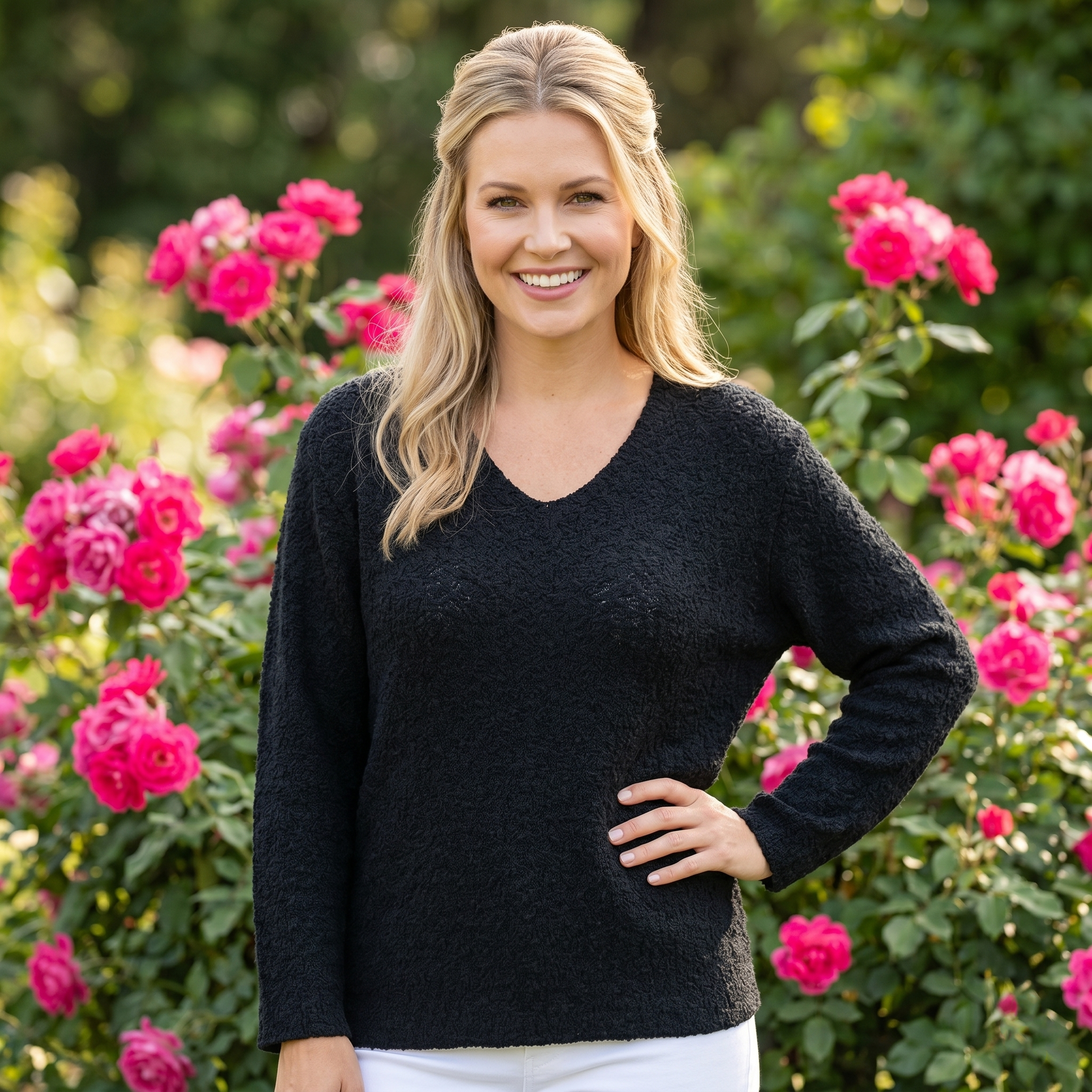 Avalin 100% Cotton V-Neck Scramble Stitch Sweater in Black