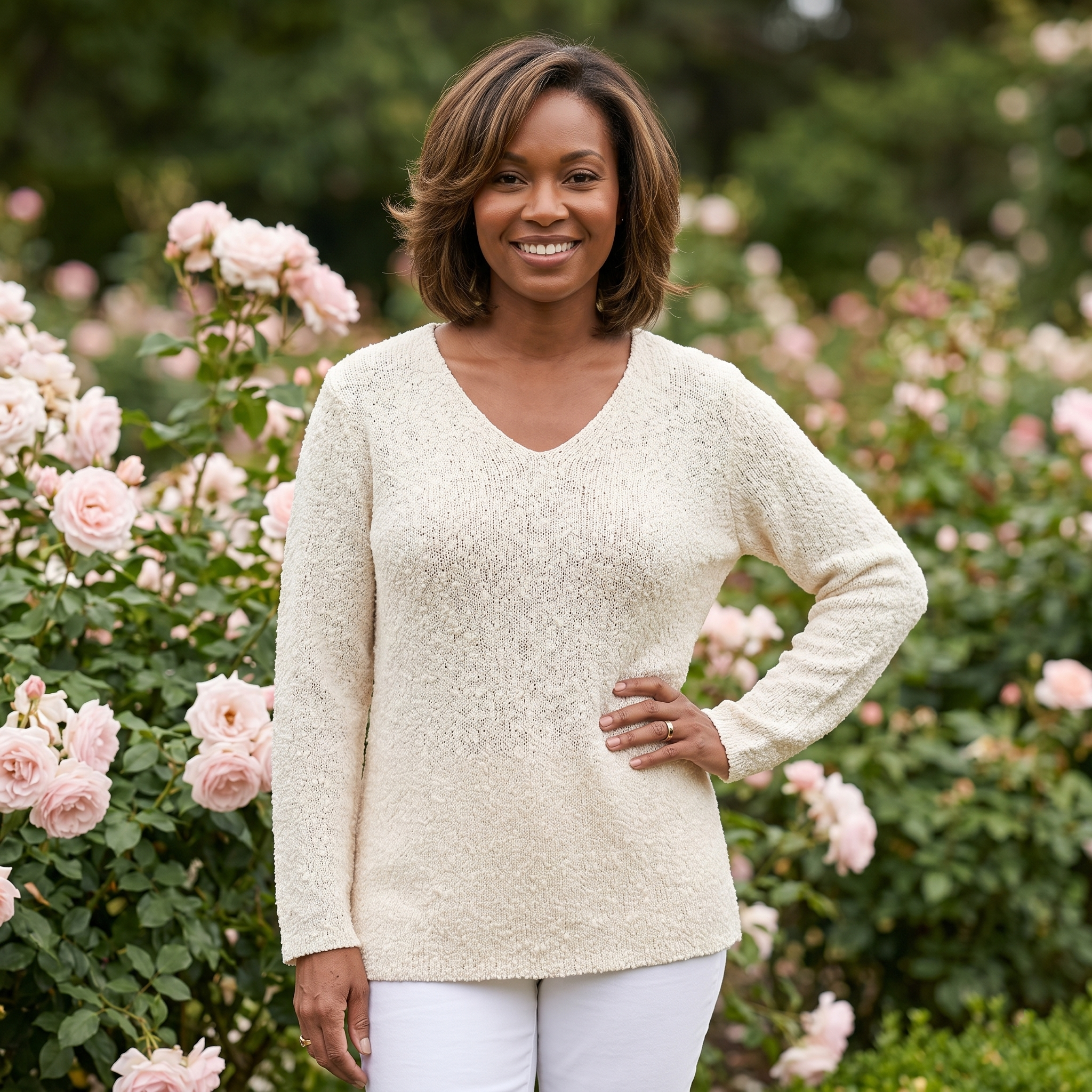 Avalin 100% Cotton V-Neck Scramble Stitch Sweater in Cream