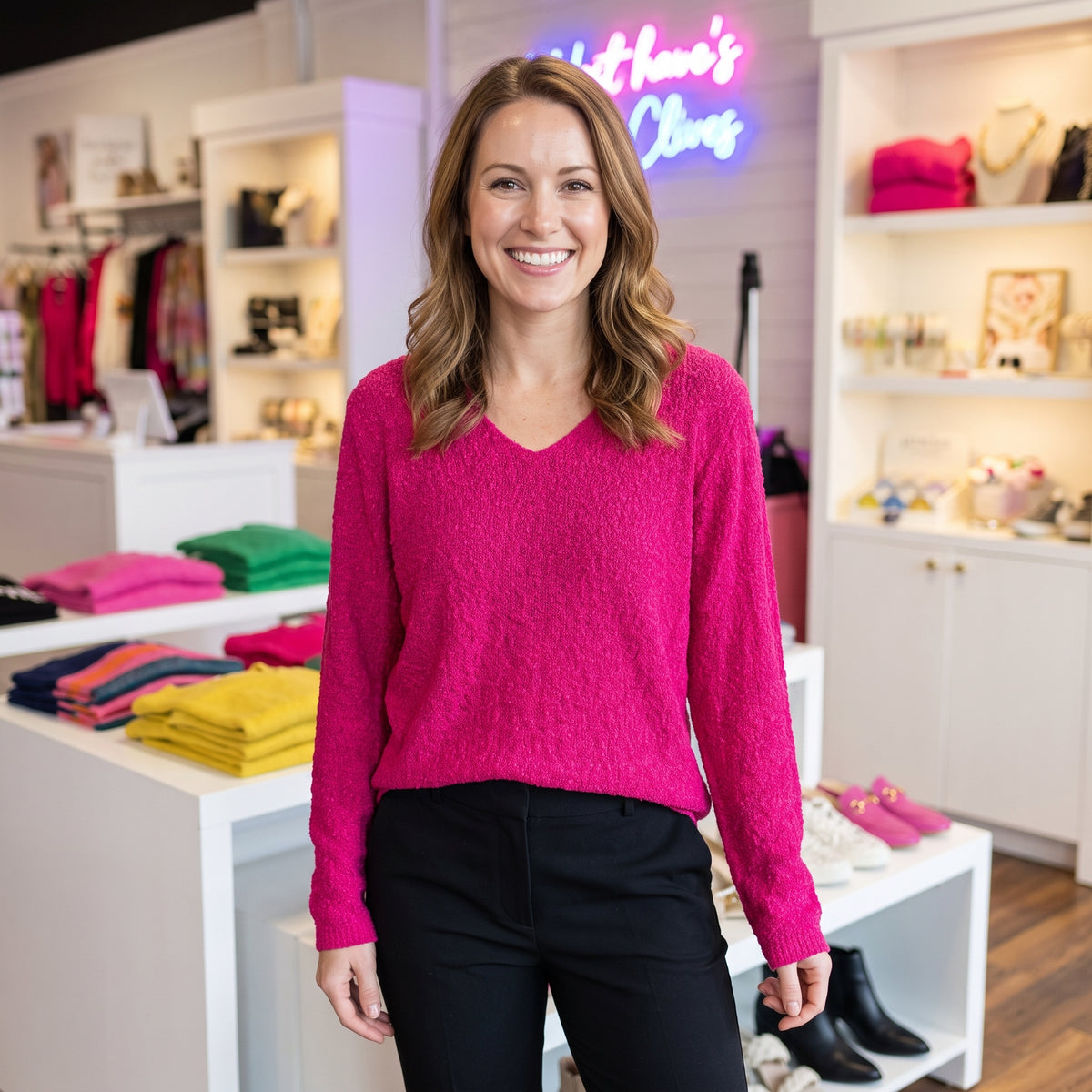 Avalin 100% Cotton Scramble Stitch V-Neck Sweater in Magenta