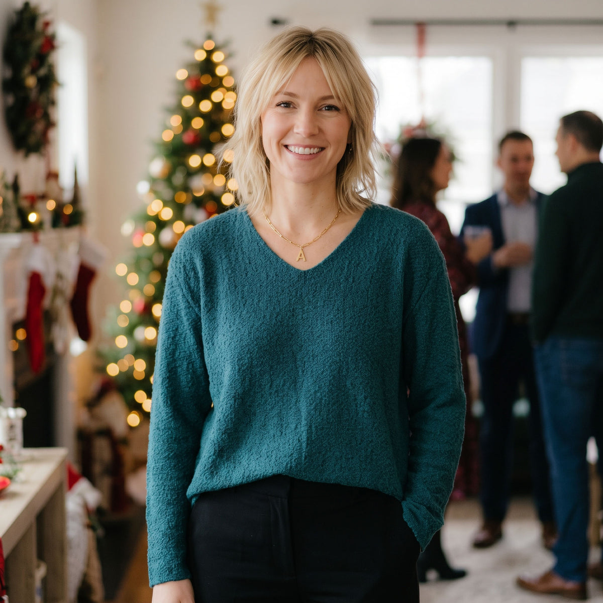 Avalin 100% Cotton Scramble Stitch V-Neck Sweater in Peacock