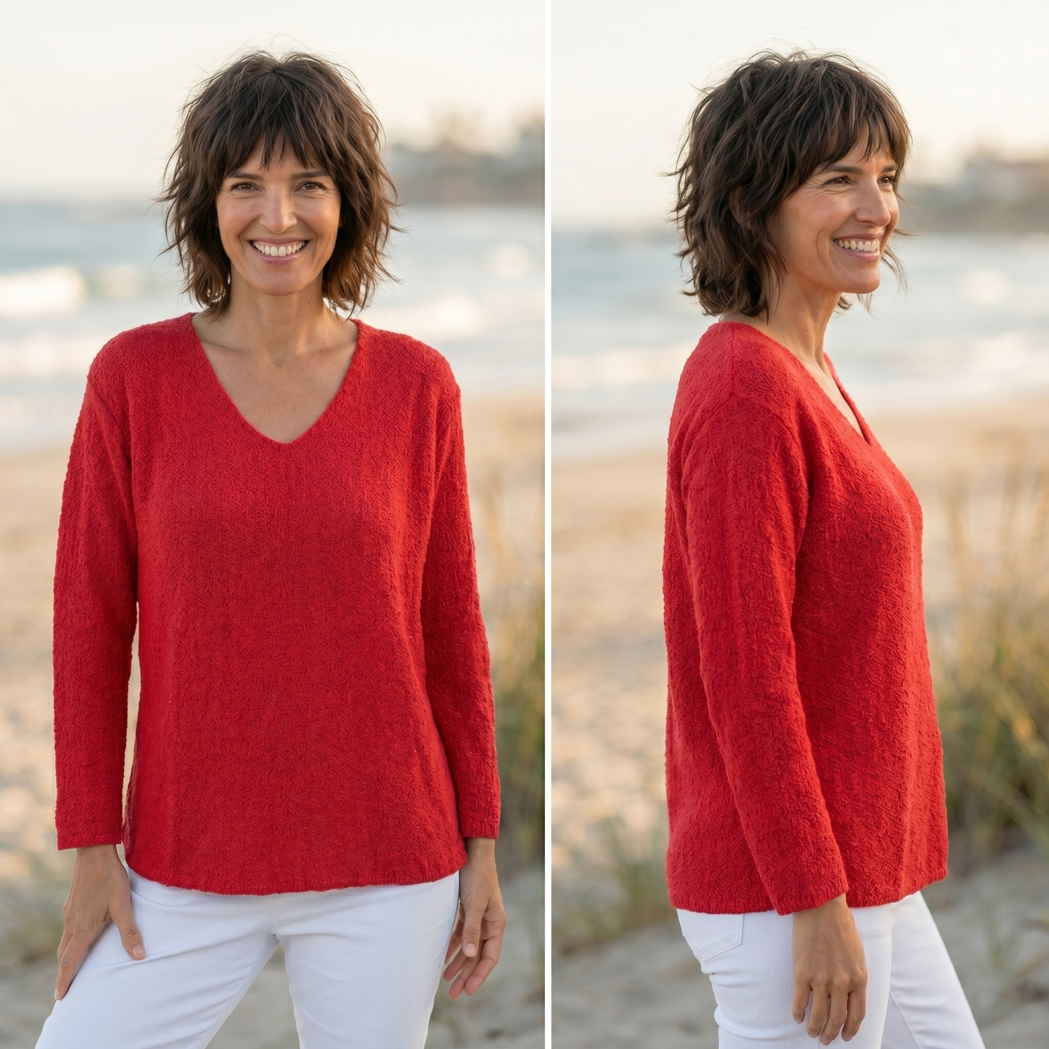 Avalin 100% Cotton Scramble Stitch V-Neck Sweater in Red