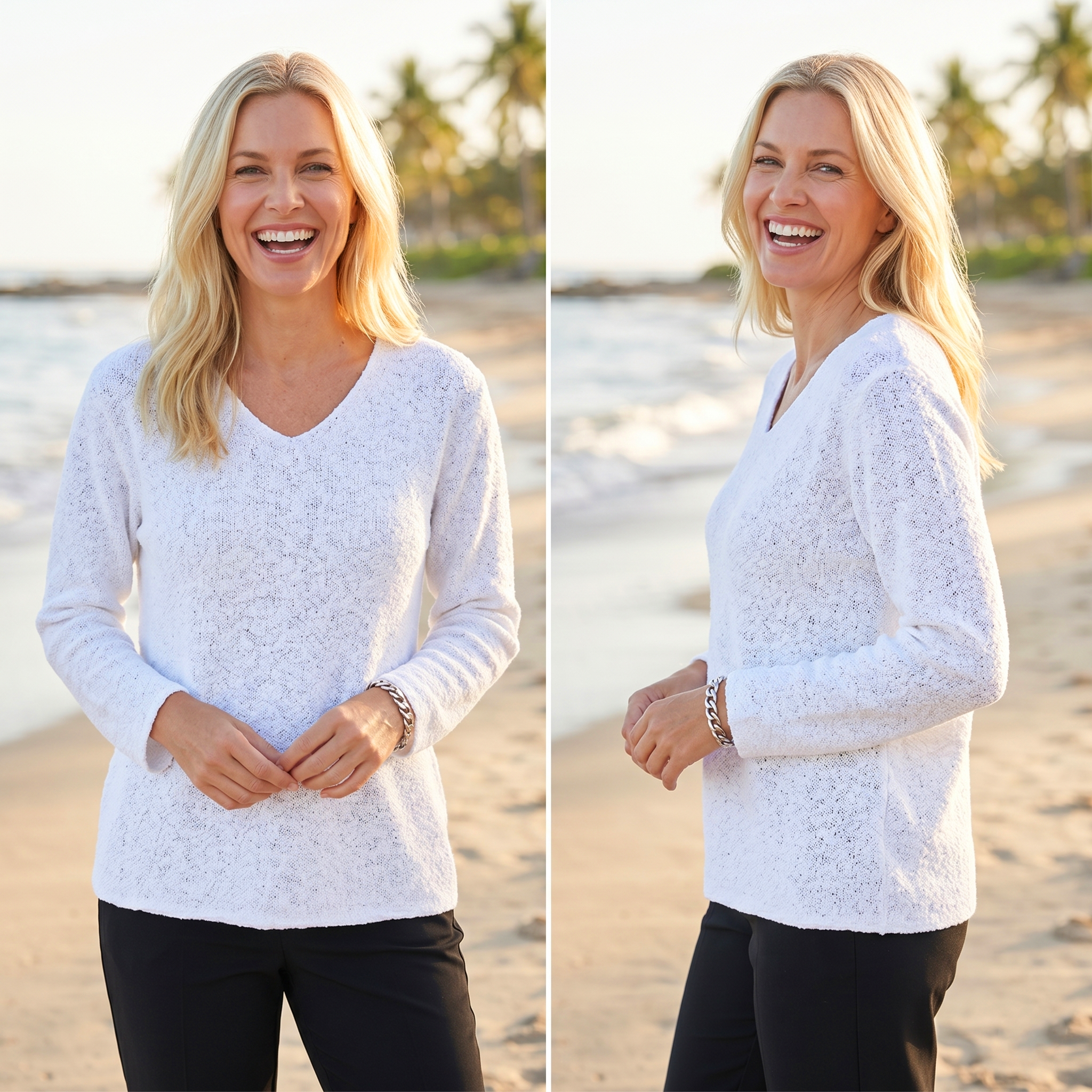 Avalin 100% Cotton Scramble Stitch V-Neck Sweater in White