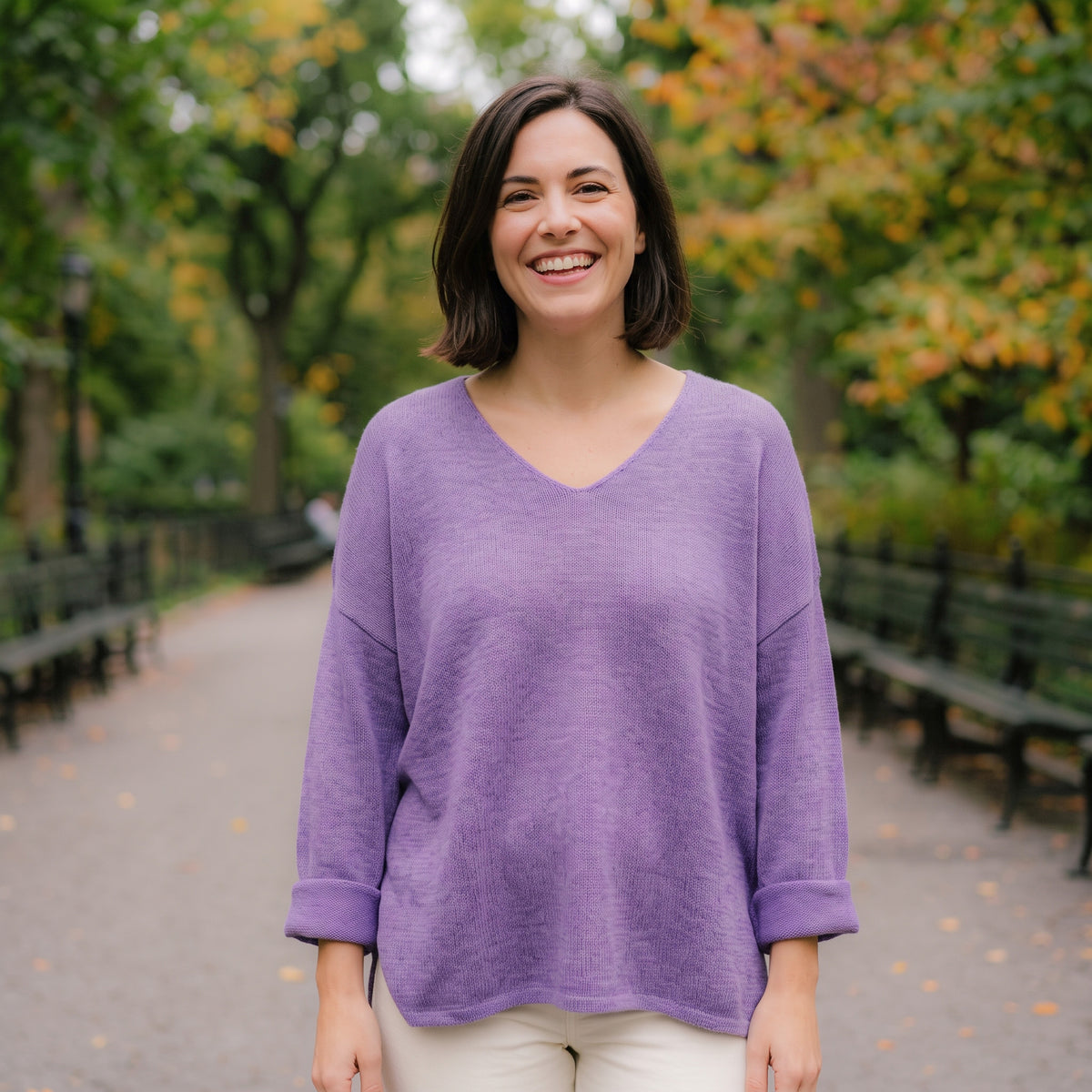 Avalin 100% Cotton V-Neck Sweater with Folded Cuff in Lavender