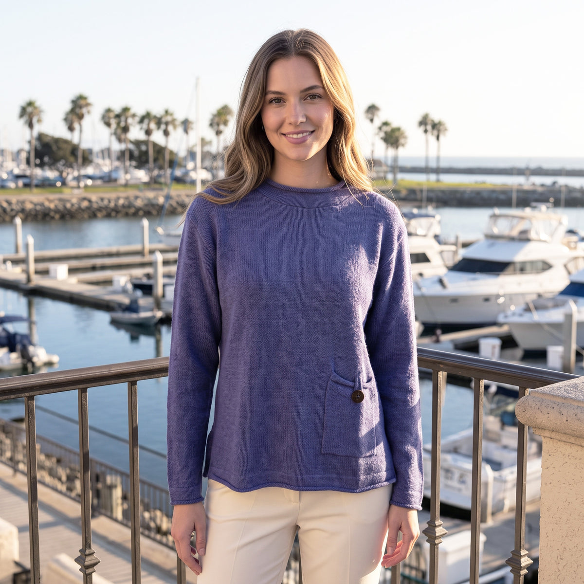 Avalin 100% Cotton Pocket Crew Neck Sweater in Ocean