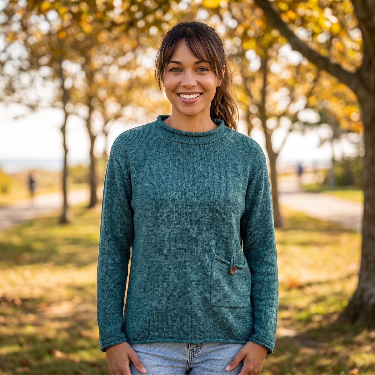 Avalin 100% Cotton Pocket Crew Neck Sweater in Peacock