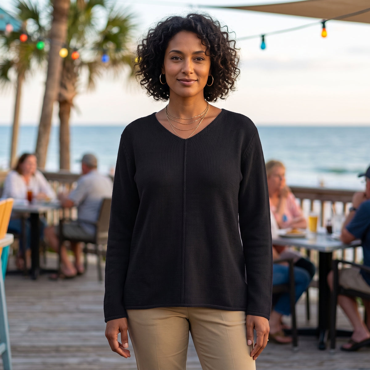 Avalin 100% Cotton V-Neck Sweater with Center Front Cable in Black