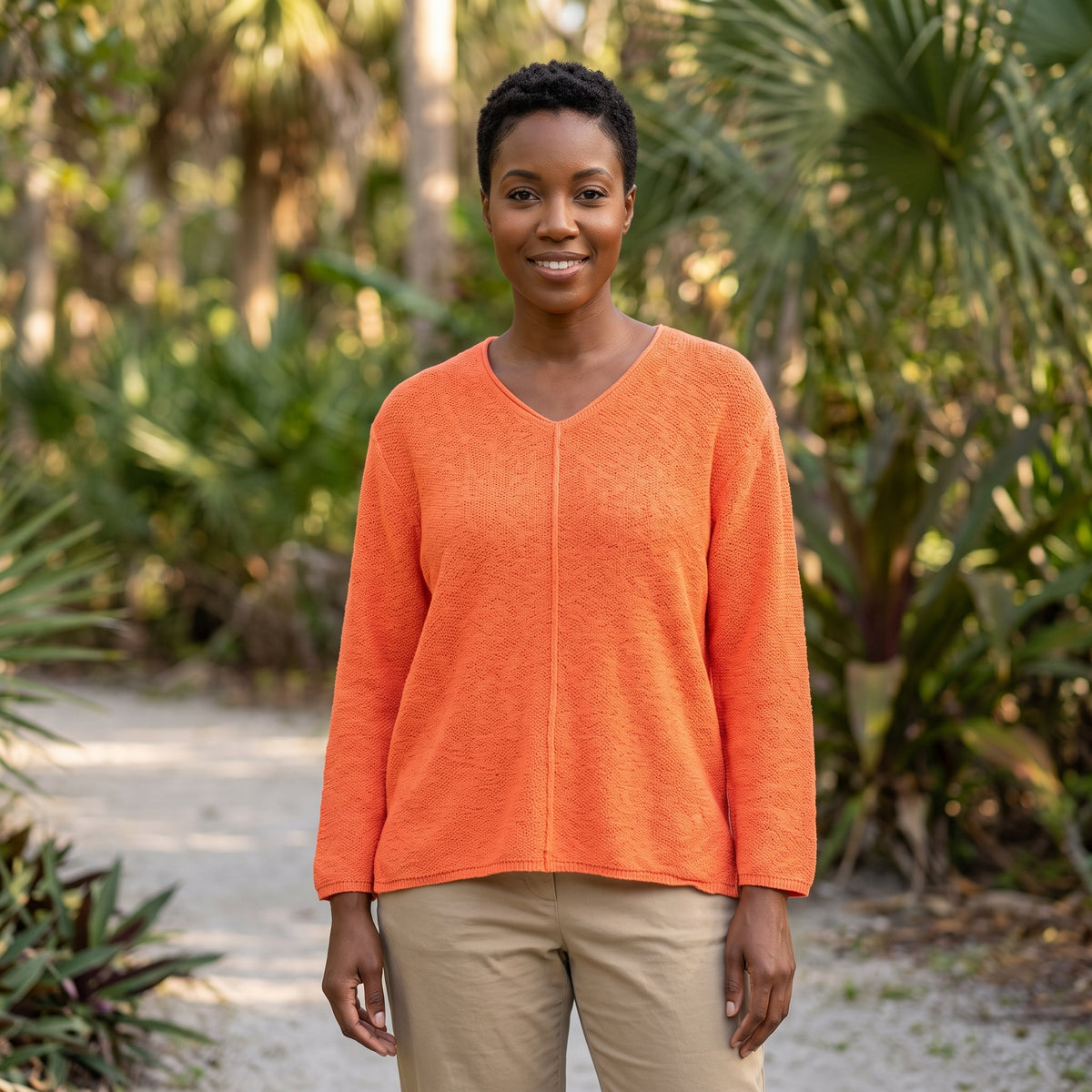 Avalin 100% Cotton V-Neck Sweater with Center Front Cable in Mandarin