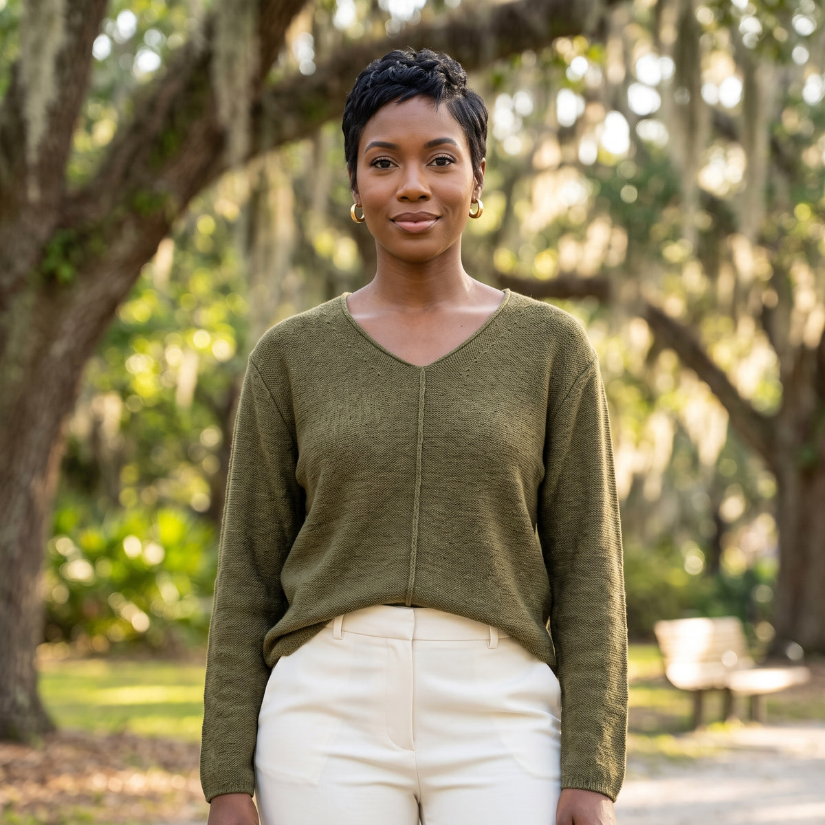 Avalin 100% Cotton V-Neck Sweater with Center Front Cable in Olive