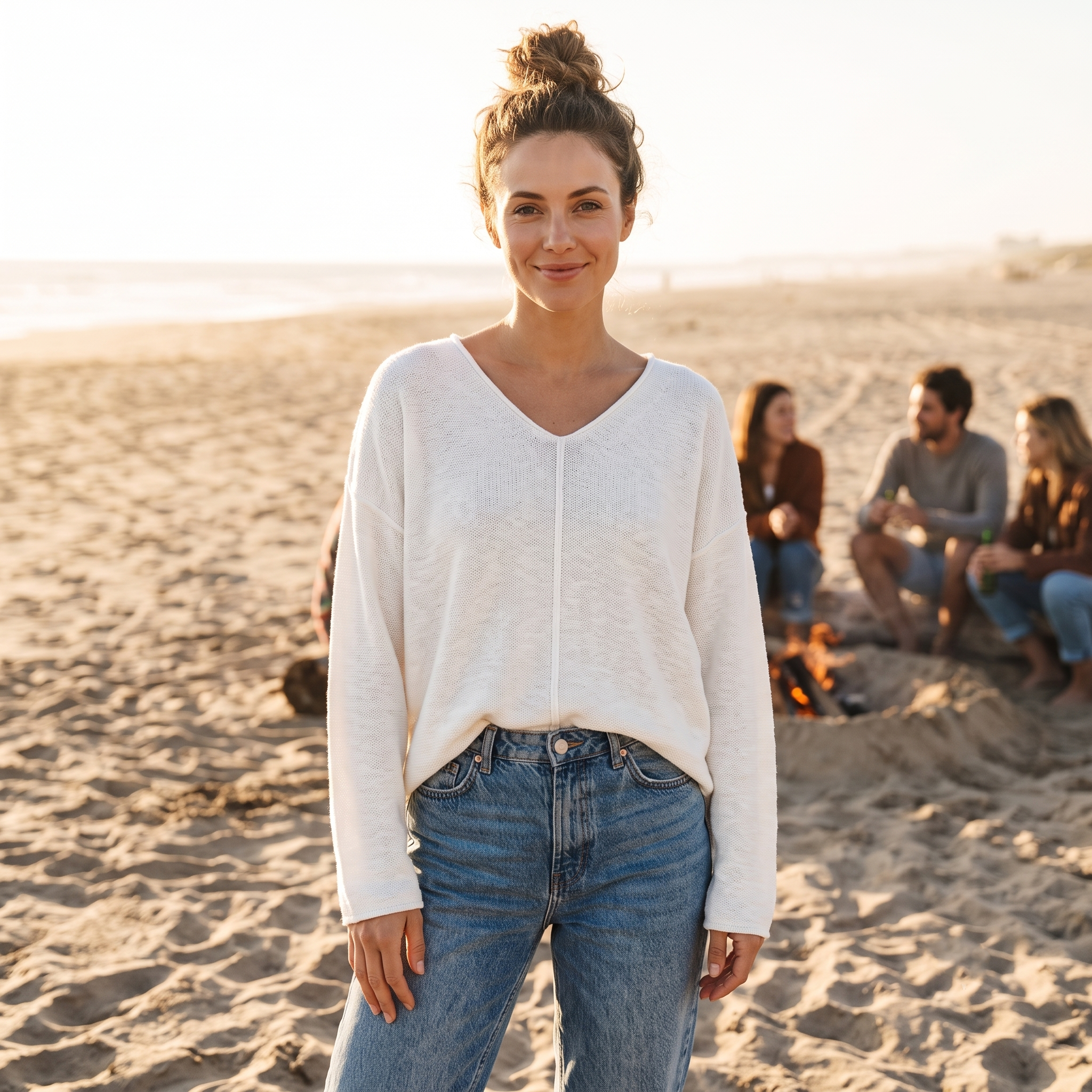 Avalin 100% Cotton V-Neck Jersey Stitch Sweater in White