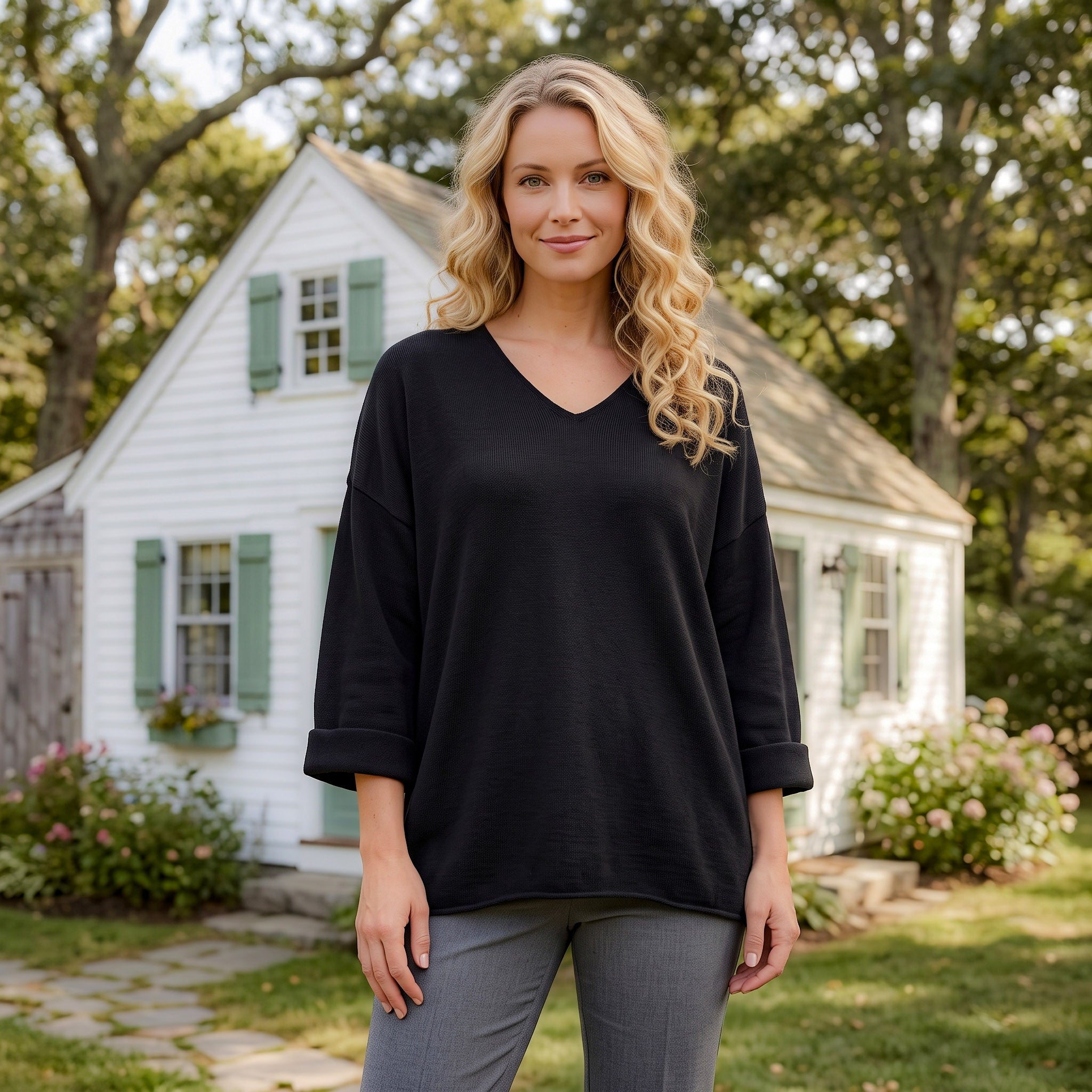 Avalin 100% Cotton V-Neck Sweater with Folded Cuff in Black