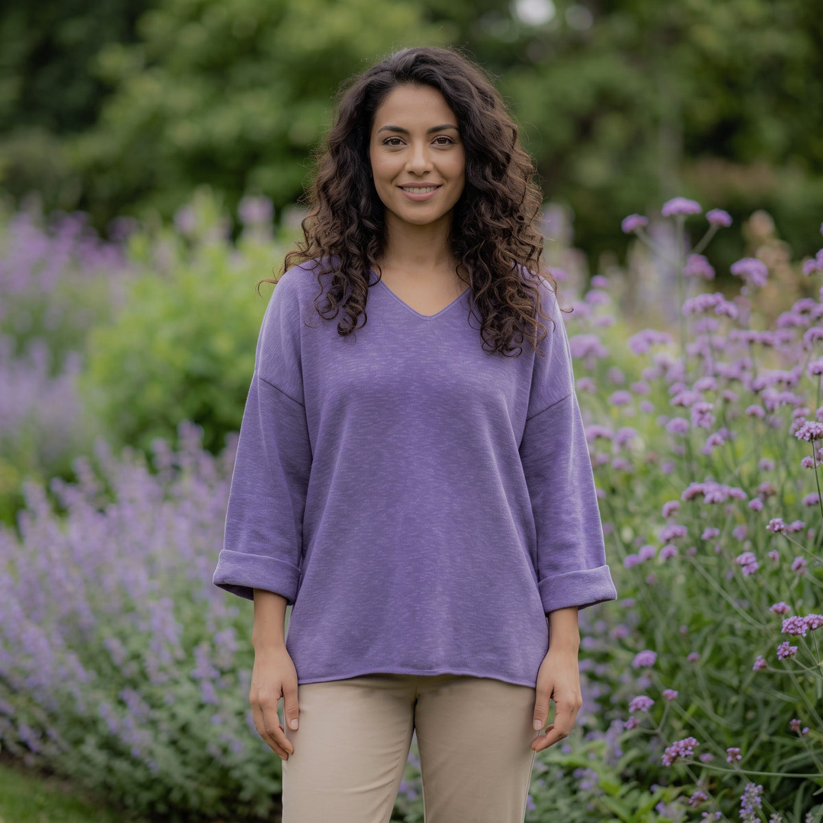 Avalin 100% Cotton V-Neck Sweater with Folded Cuff in Iris