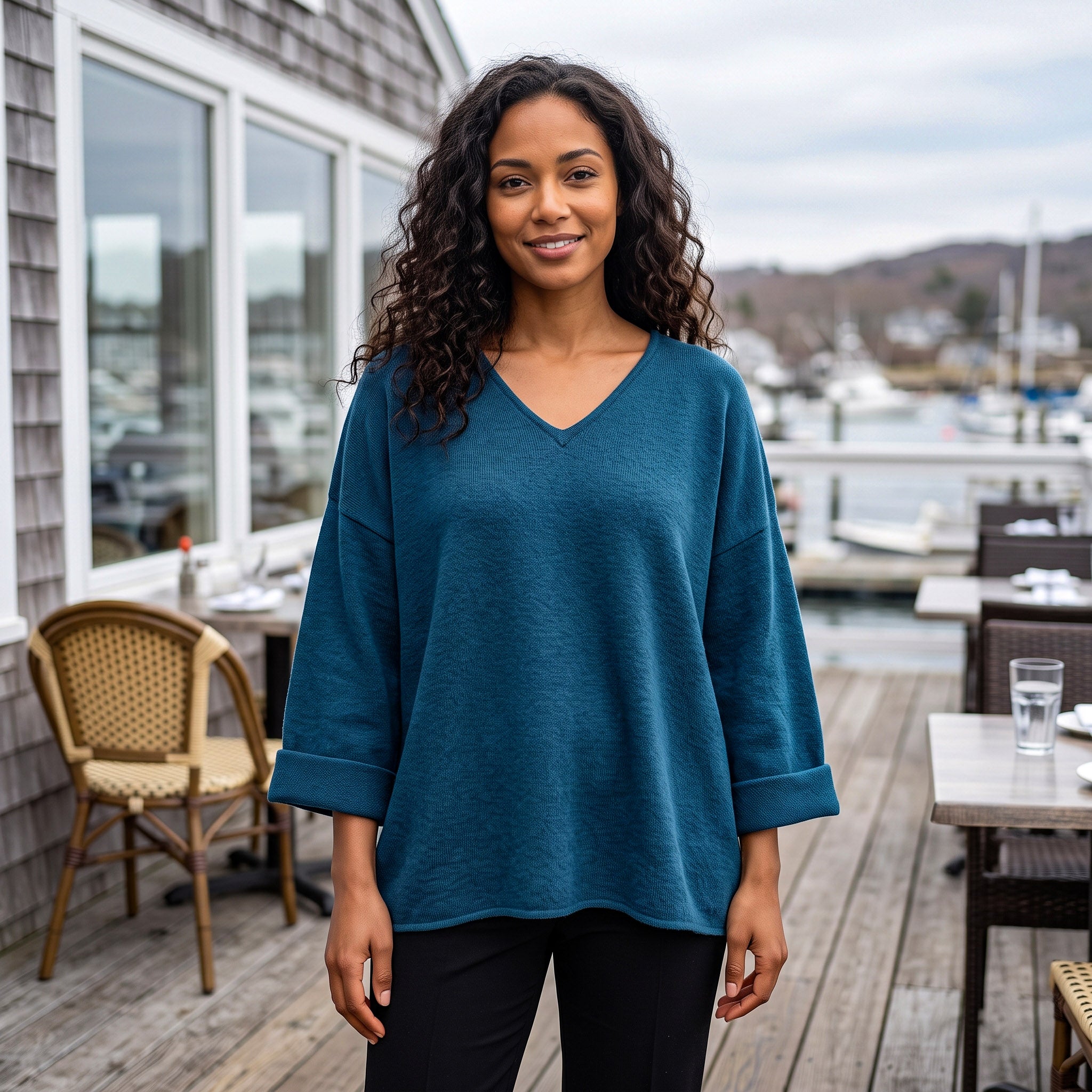 Avalin 100% Cotton V-Neck Sweater with Folded Cuff in Petrol
