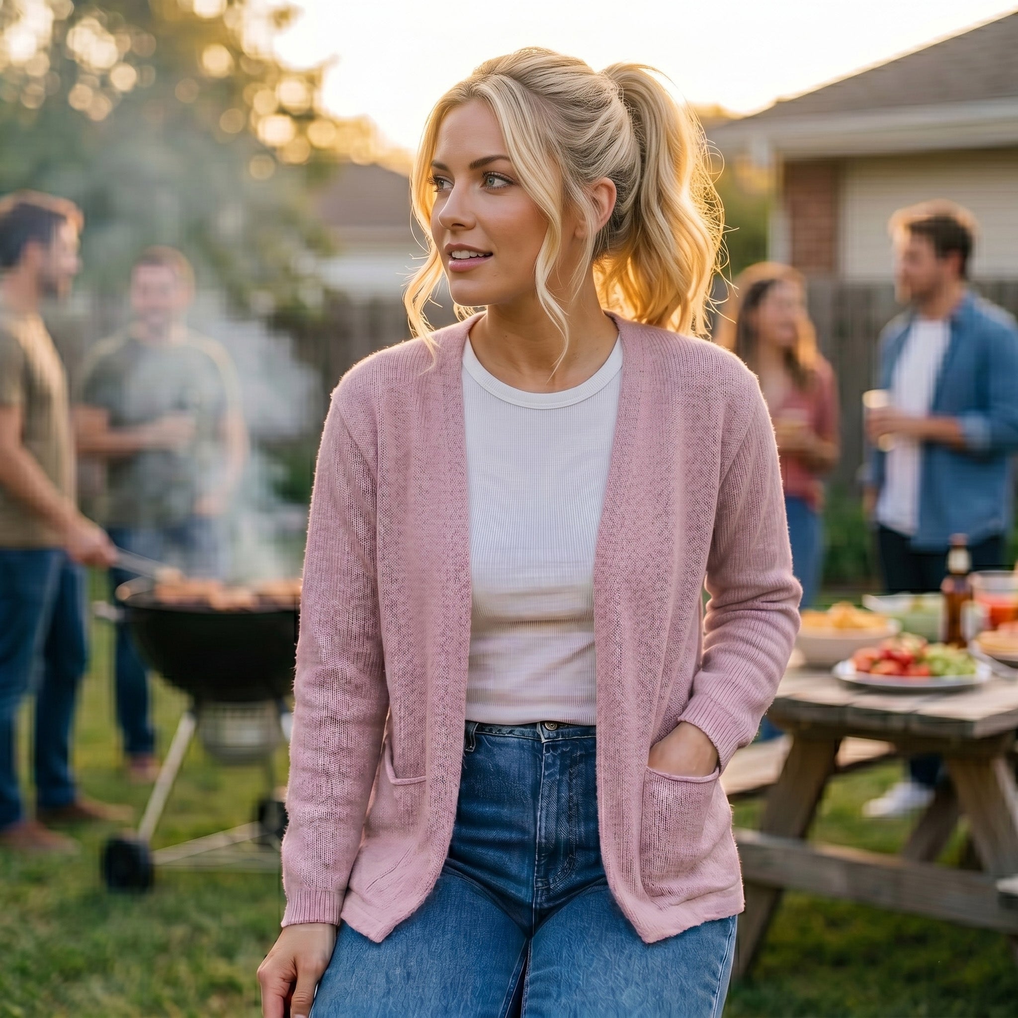 Avalin 100% Cotton Open Cardigan Sweater with Pockets in White