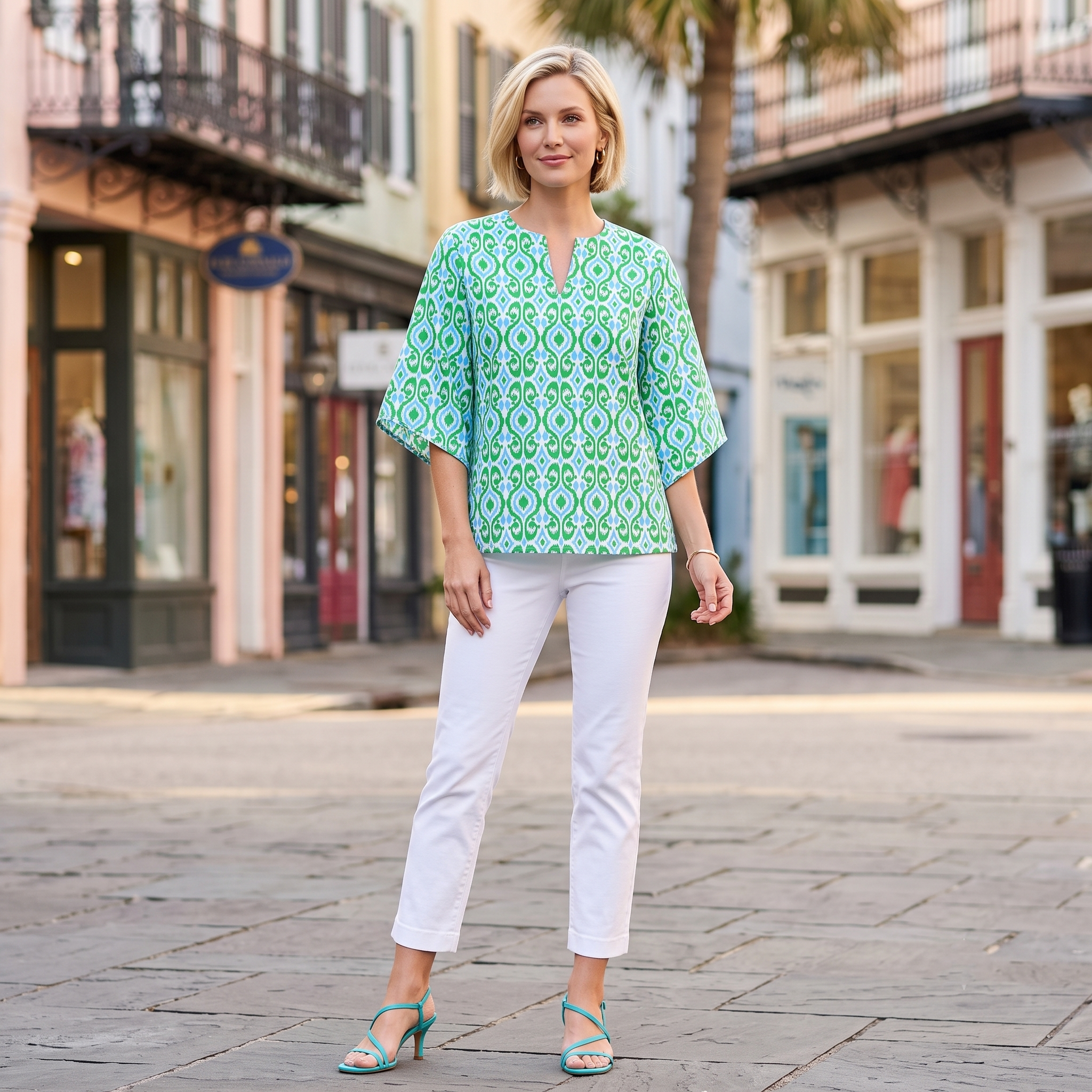 Baton Rouge Top in Ikat Island Turquoise and Kelly Green
