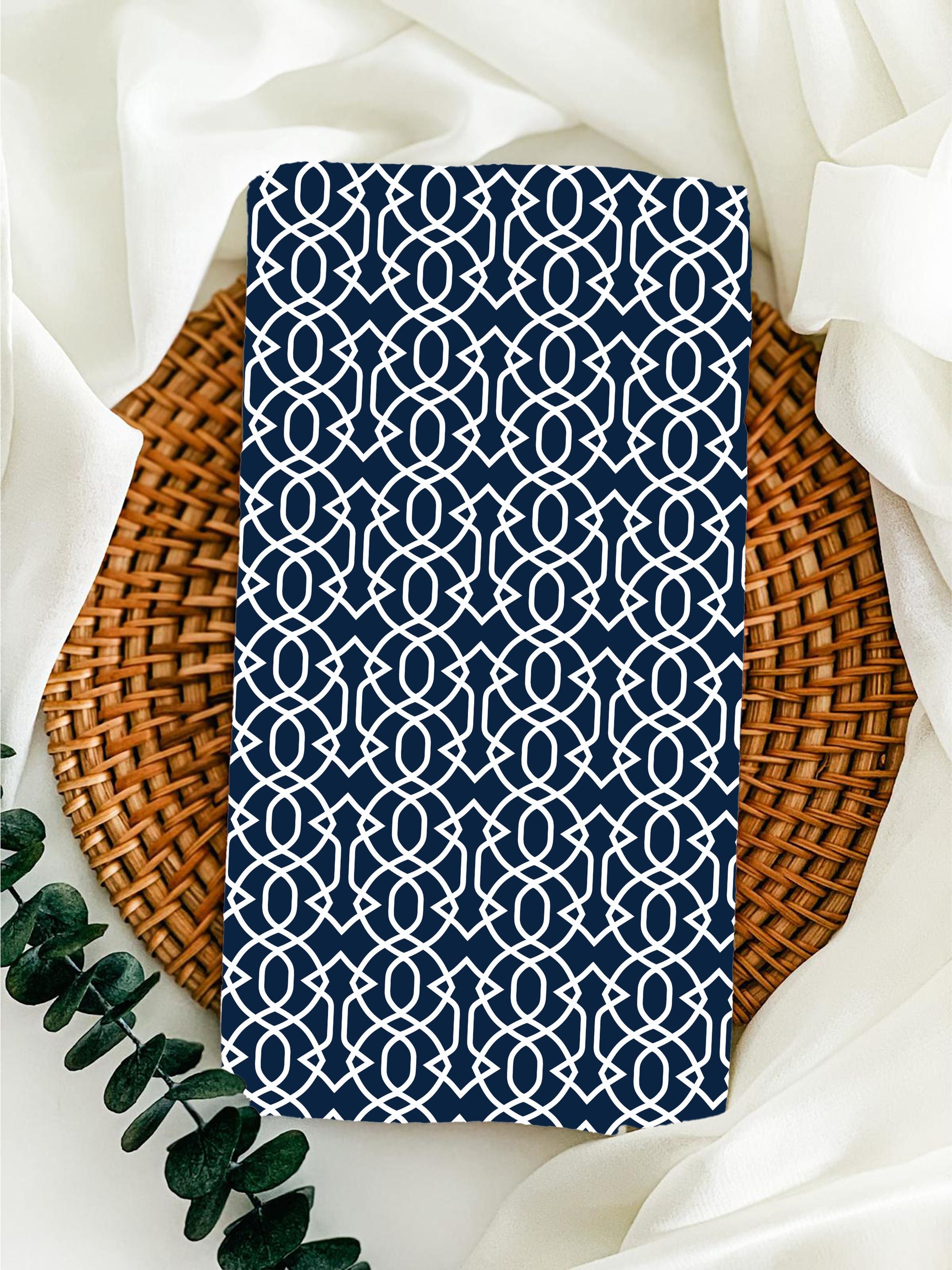 Designer Tea Towel in Imperial Trellis Navy and White