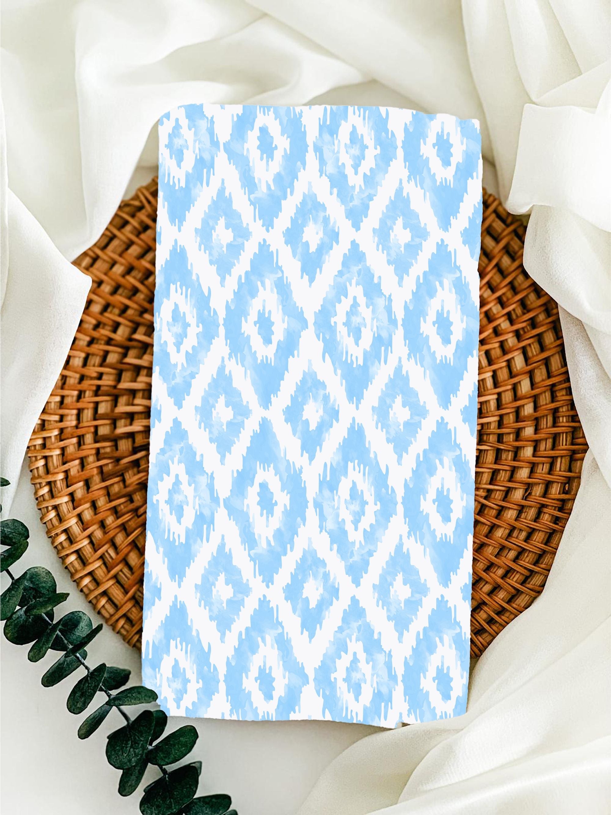 Designer Tea Towel in Watercolor Ikat Diamonds Light Blue