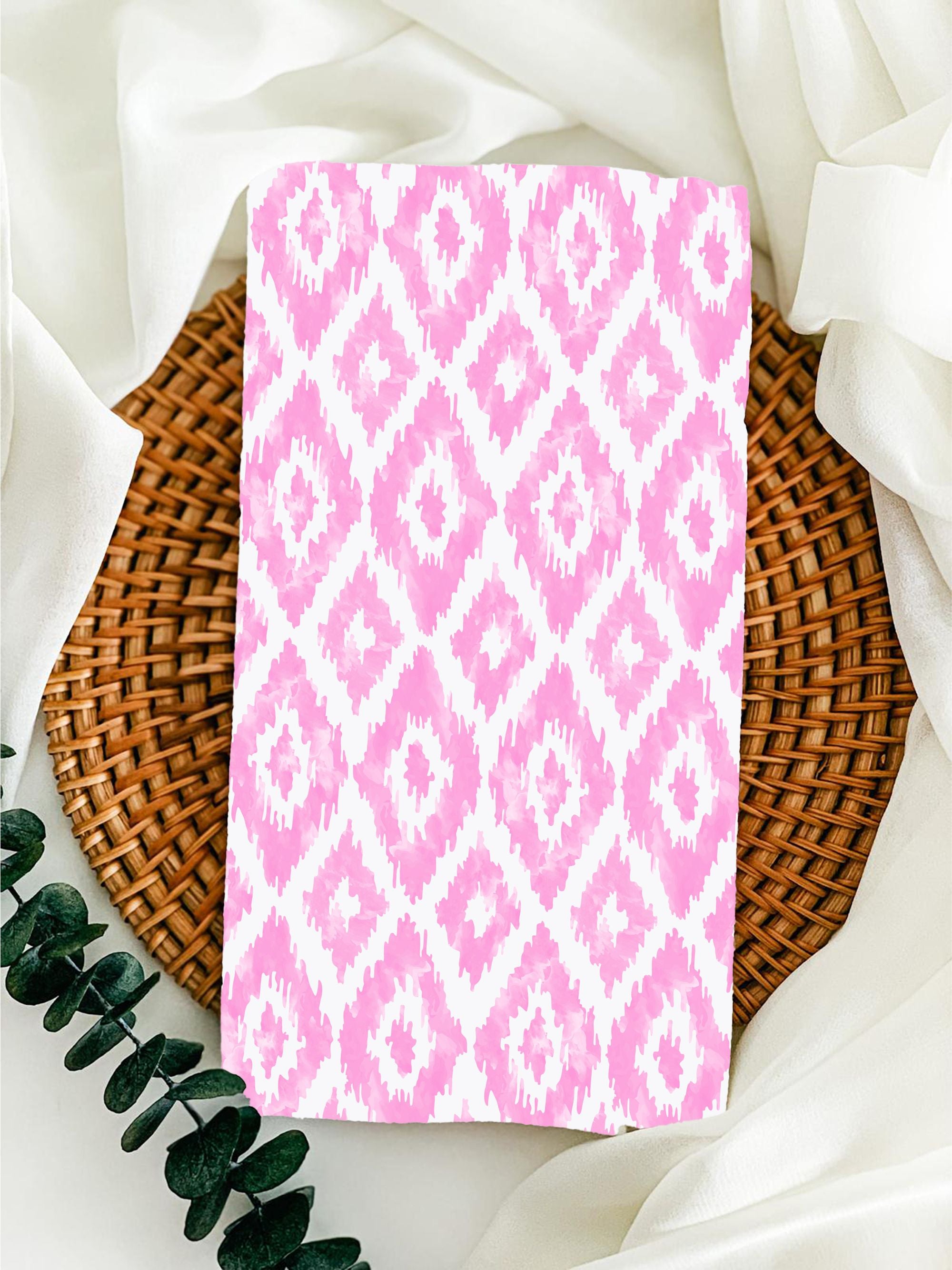 Designer Tea Towel in Watercolor Ikat Diamonds Pink