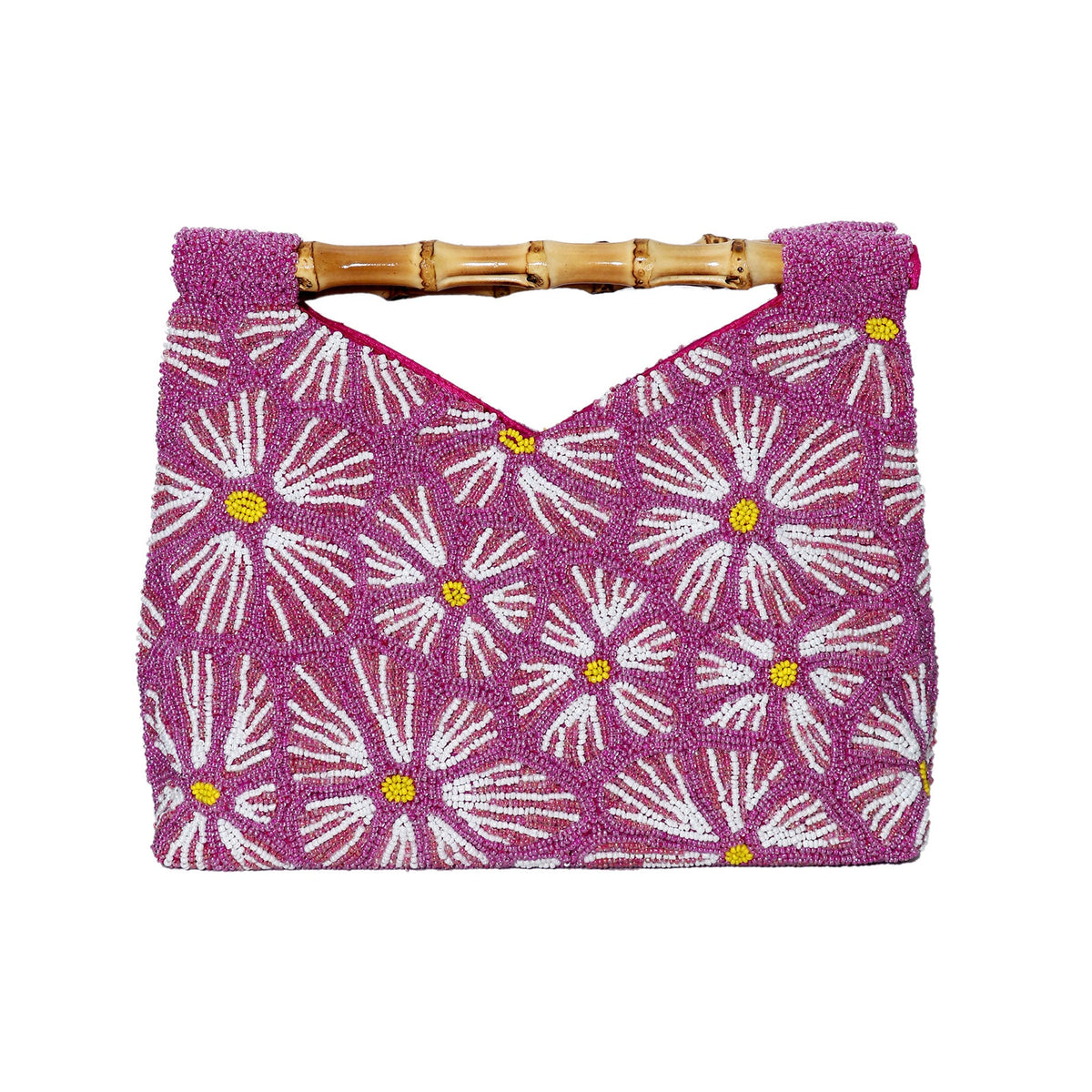 Pink Floral Daisy Beaded Bag with Bamboo Handles