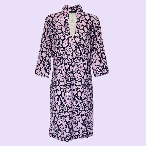 Coco Dress in Tossed Leaves Lavender and Aubergine