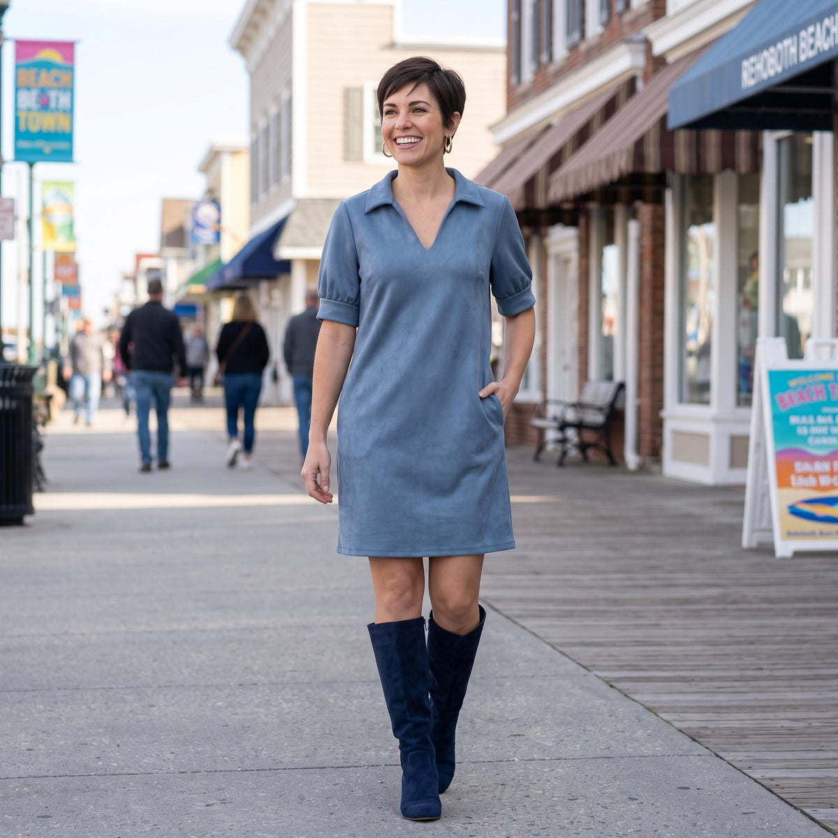 Darien Puff Sleeve Swing Dress in Blue Jean Blue Super Suede