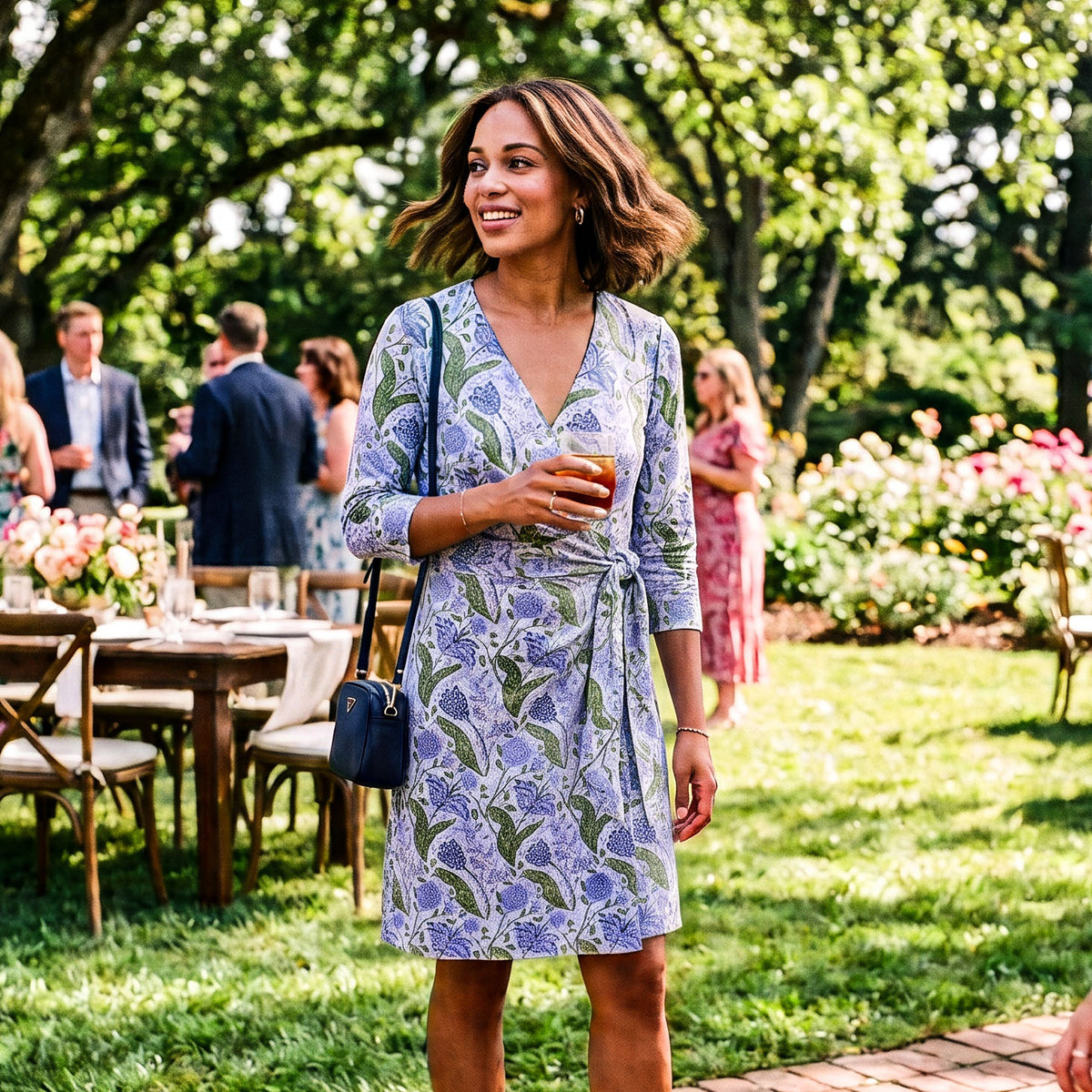 Coronado Faux Wrap Dress in Walk in the Autumn Garden Blue