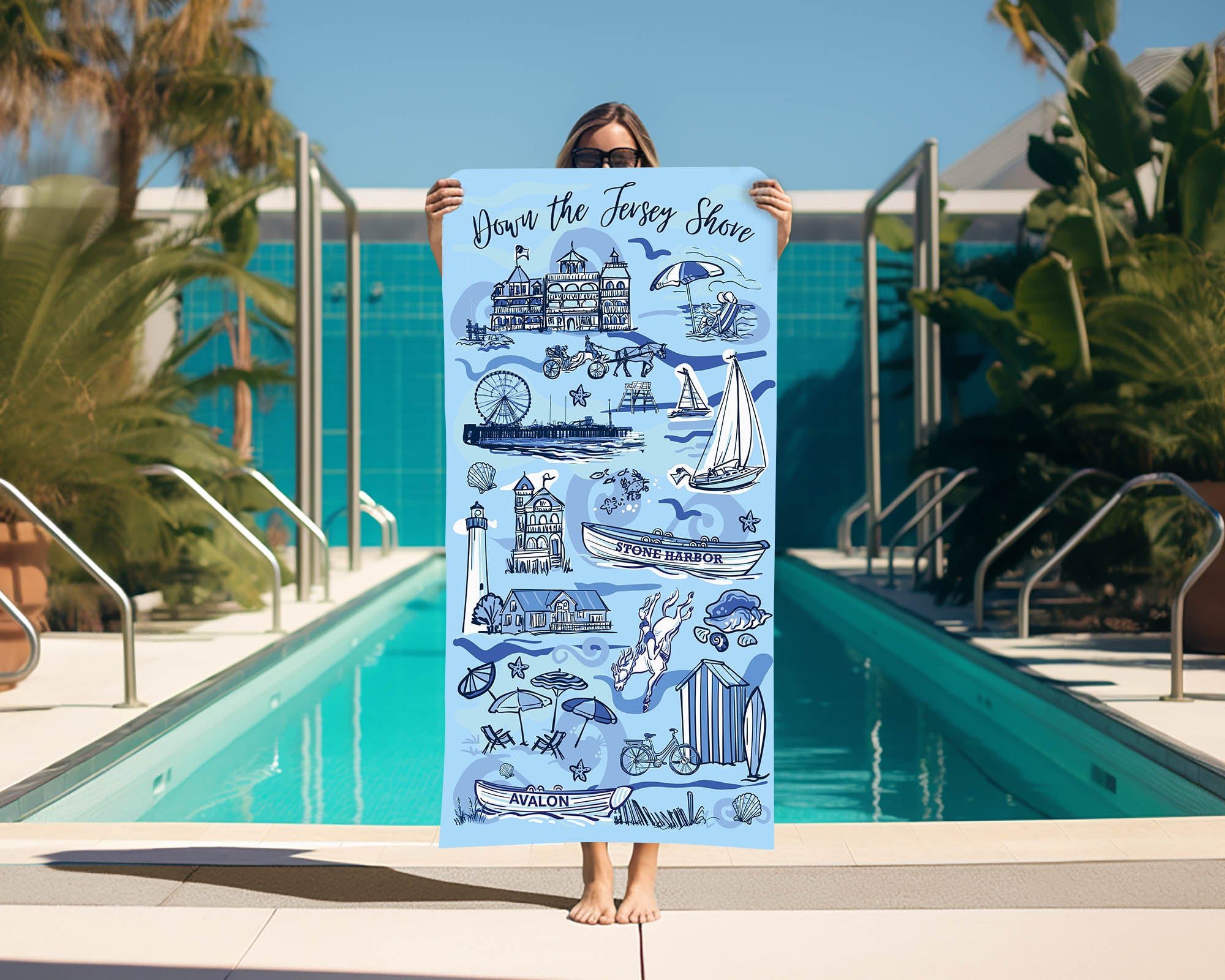Down The Jersey Shore Beach Towel (Blue)
