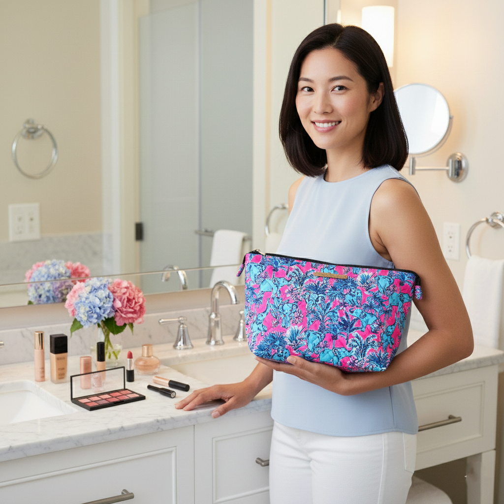 Quilted Large Zippered Cosmetics Pouch in Elephants and Palms Blue and Pink