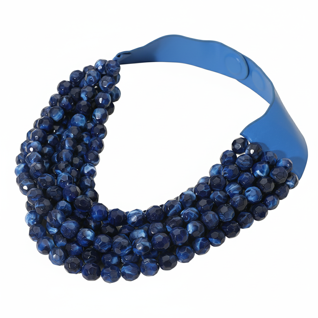 Marbled Faceted Ball Beaded Multi Layered Magnetic Necklace in Navy