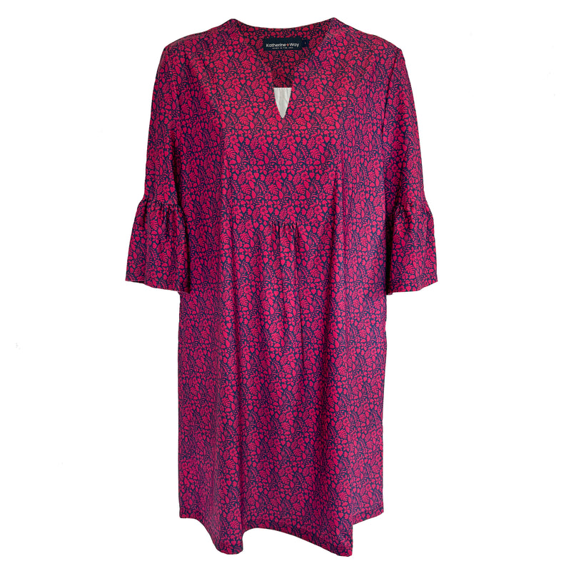 Greenwich Tunic Dress Ditsy Tossed Leaves Navy and Cranberry