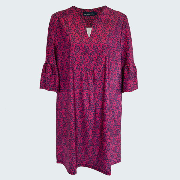 Greenwich Tunic Dress in Ditsy Tossed Leaves Navy and Cranberry