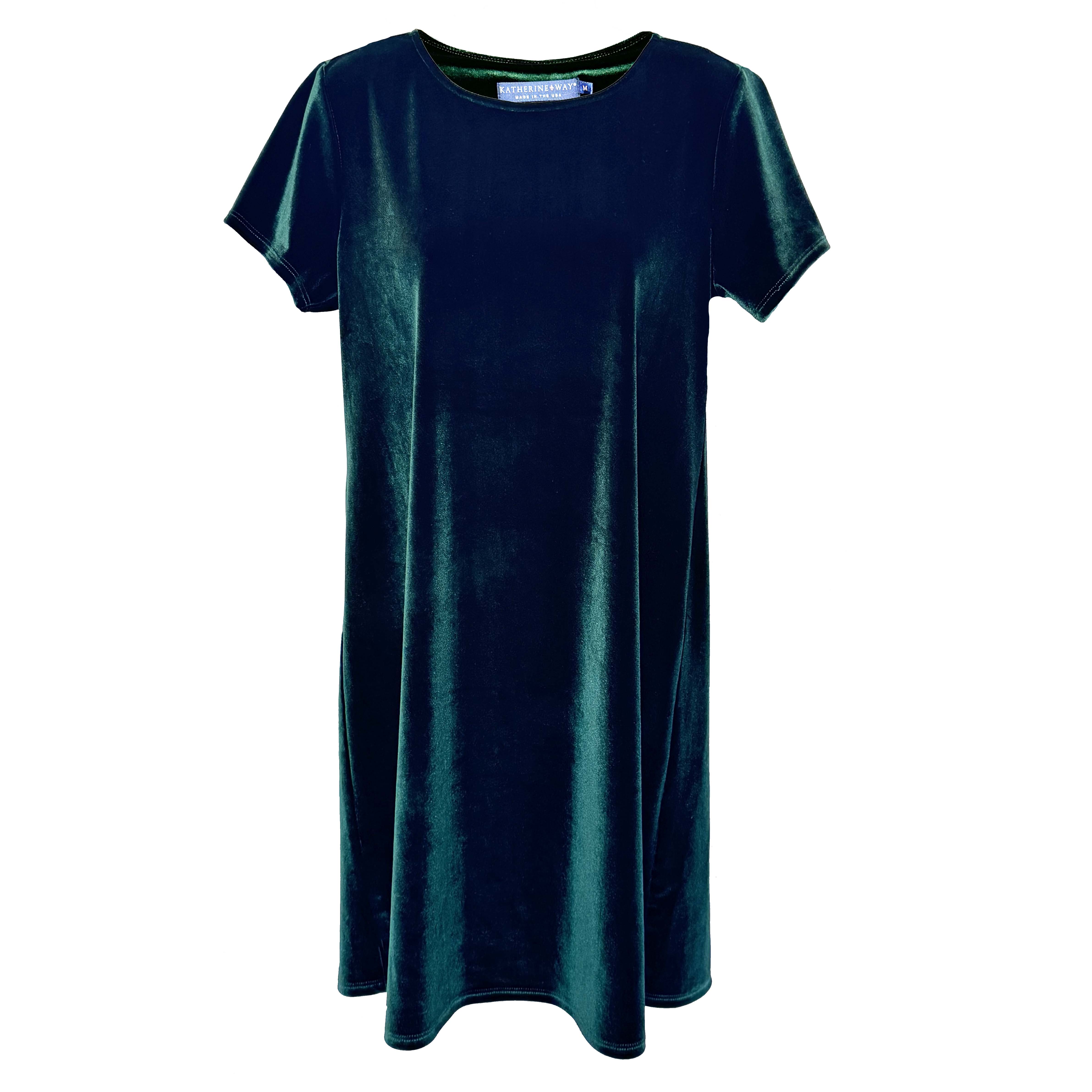 A short-sleeved, hunter green stretch velvet dress with a loose drape from shoulders to hem.